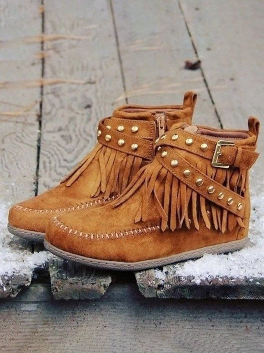 Shoes zolucky | Vintage Fringe Studded Flat Round Toe Buckle Booties