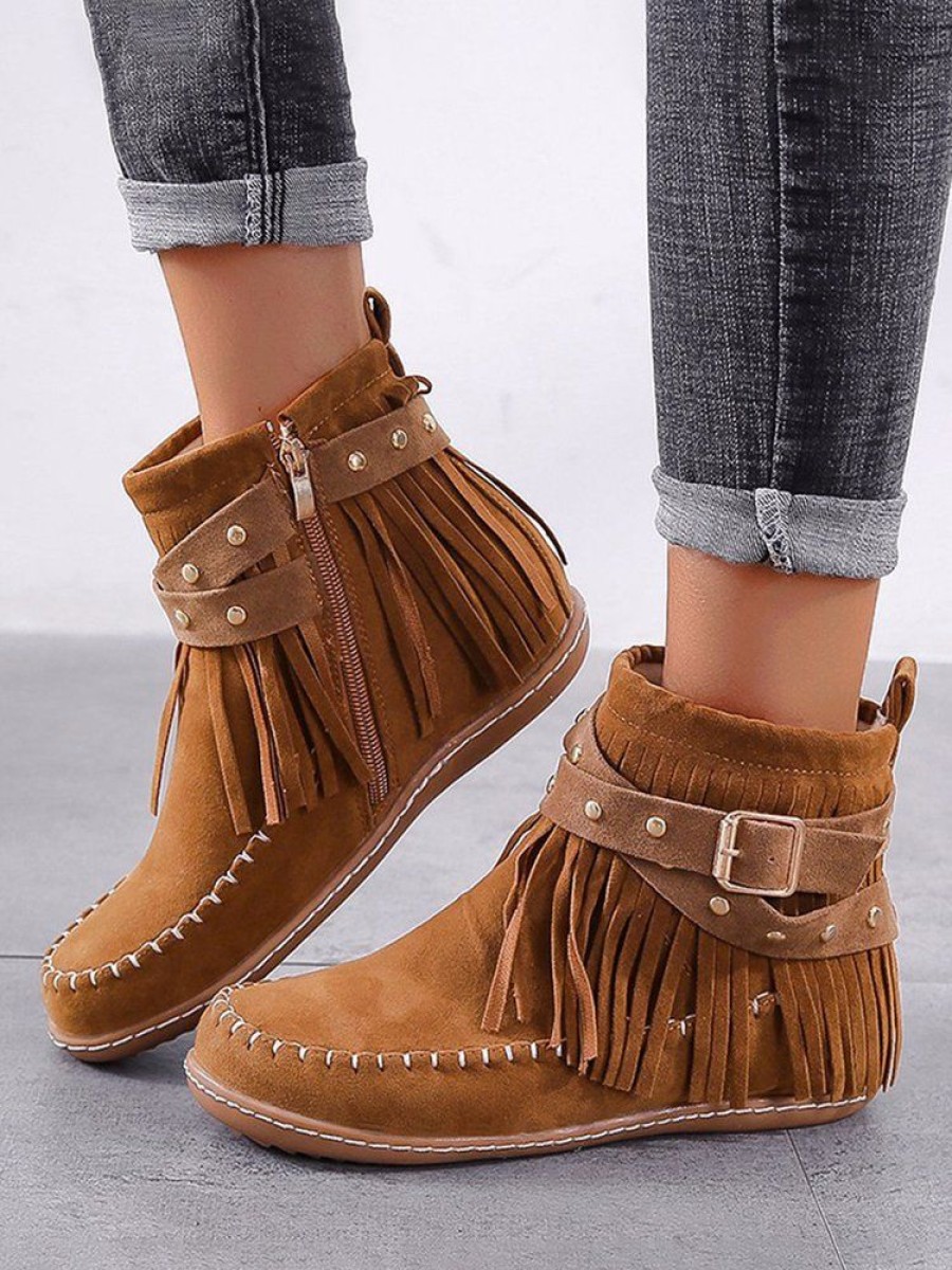 Shoes zolucky | Vintage Fringe Studded Flat Round Toe Buckle Booties