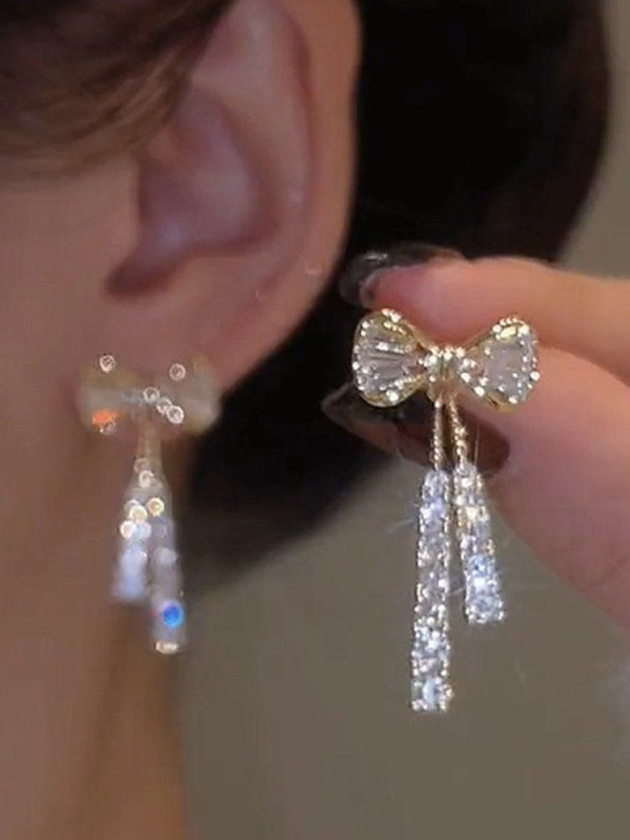 Accessories zolucky | Elegant Rhinestone Bow Tassel Dangle Earrings As Picture