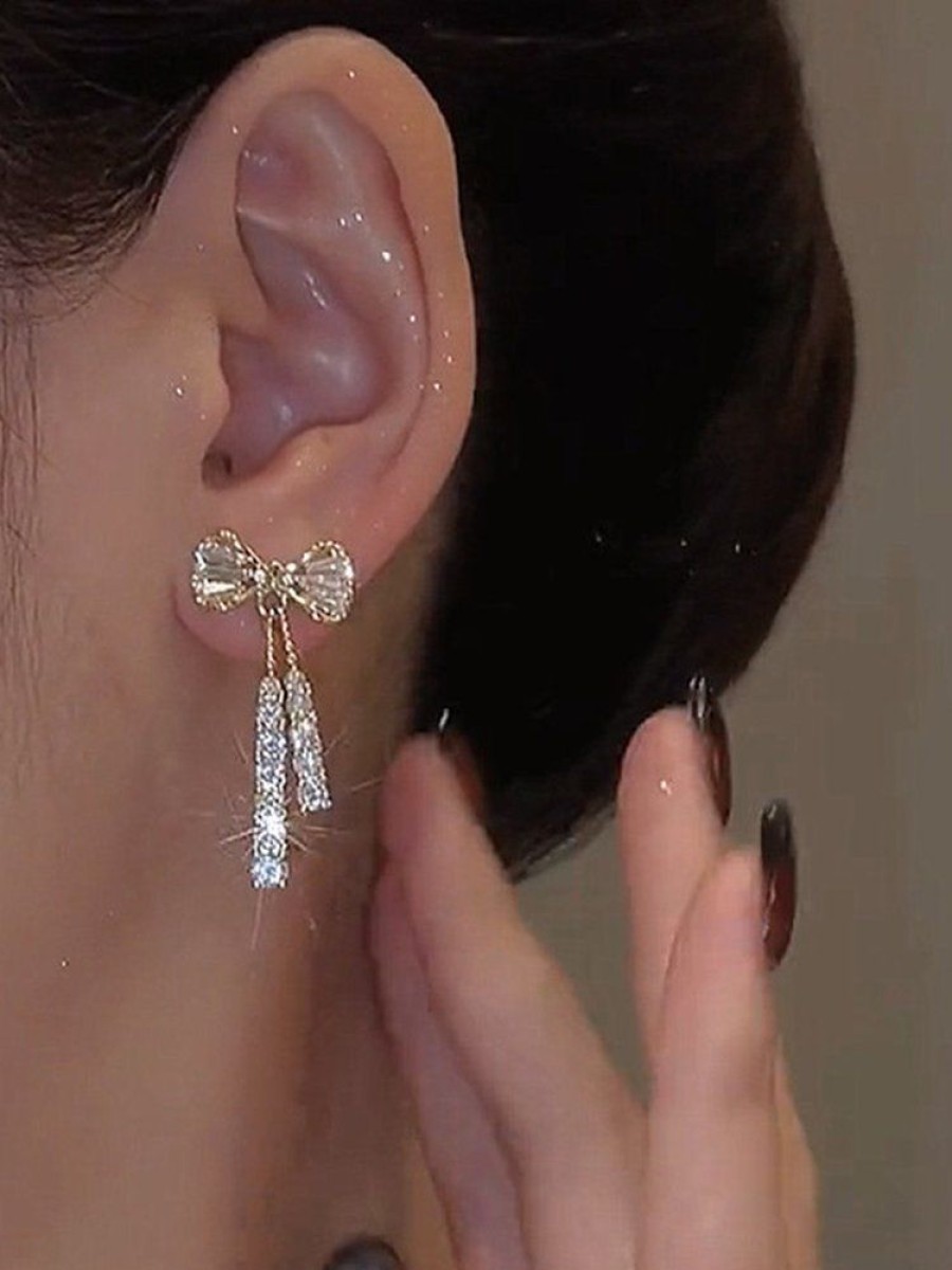 Accessories zolucky | Elegant Rhinestone Bow Tassel Dangle Earrings As Picture