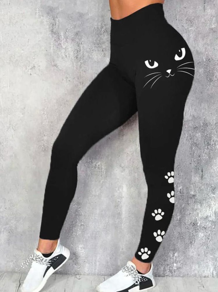 Bottoms zolucky | Cat Face Paw Print Comfy Leggings Black