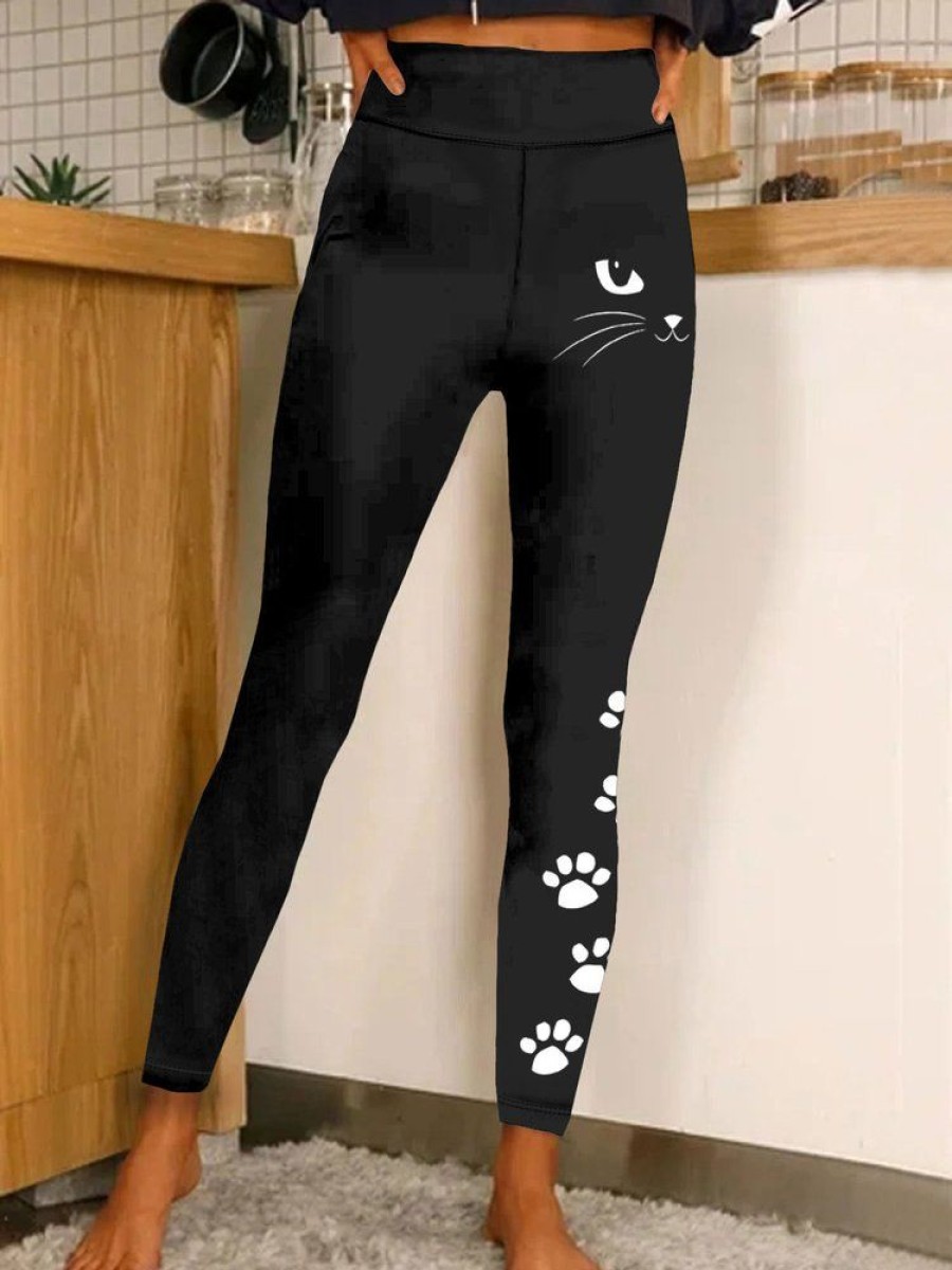 Bottoms zolucky | Cat Face Paw Print Comfy Leggings Black