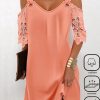 Dresses zolucky | Casual V Neck Loose Grommets Dress Orange Pink