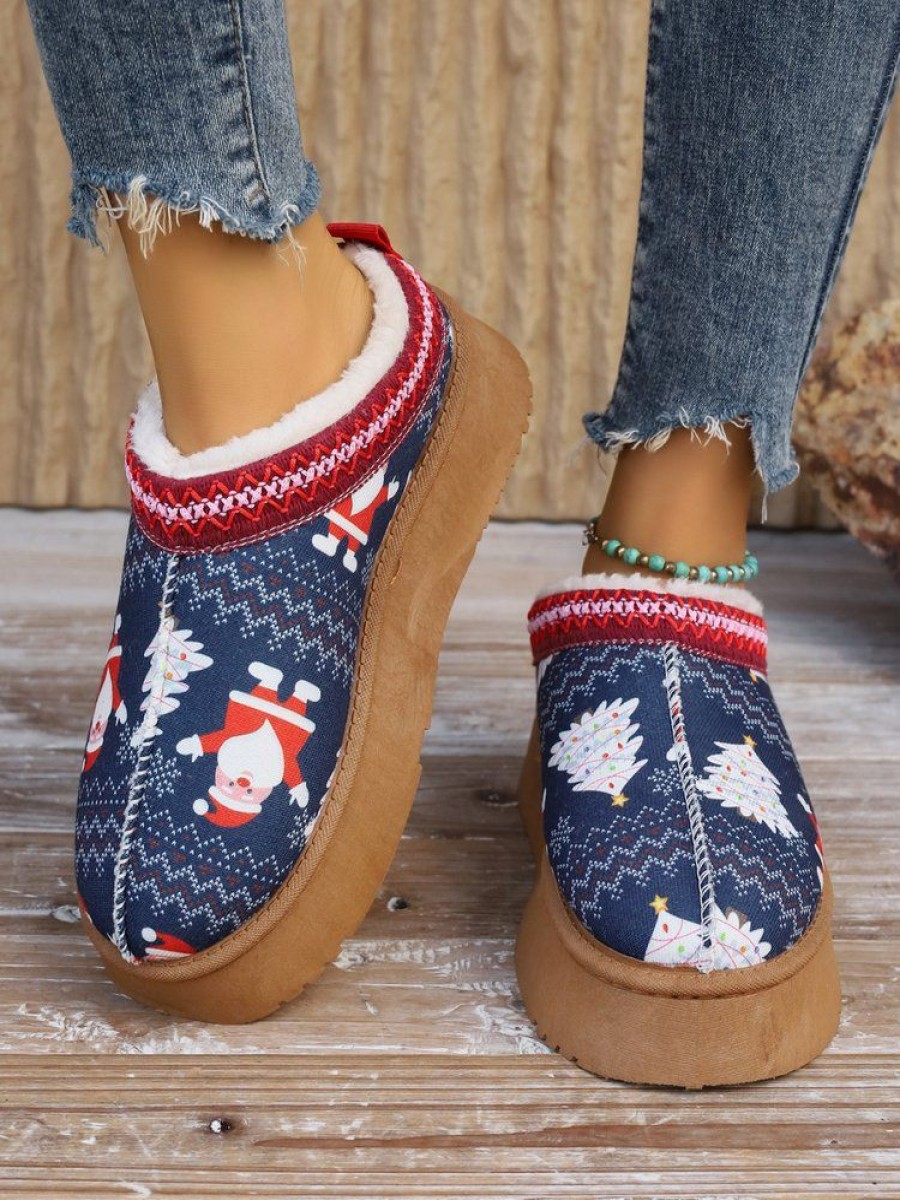 Shoes zolucky | Christmas Snowman Embroidery Warm Faux Fur Lined Platform Mules