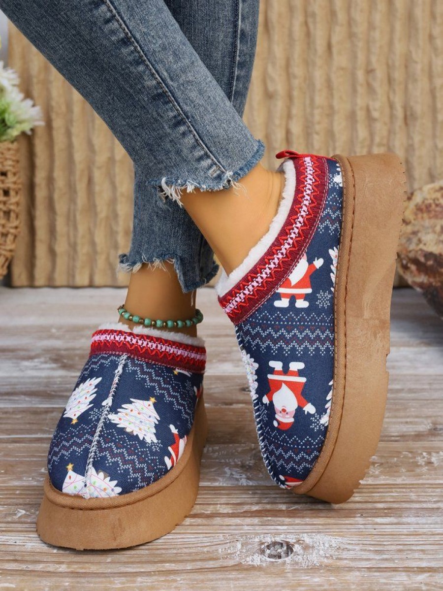 Shoes zolucky | Christmas Snowman Embroidery Warm Faux Fur Lined Platform Mules