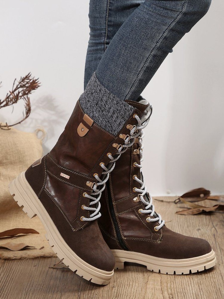 Shoes zolucky | Vintage Knitted Paneled Lace-Up Combat Boots With Side Zip