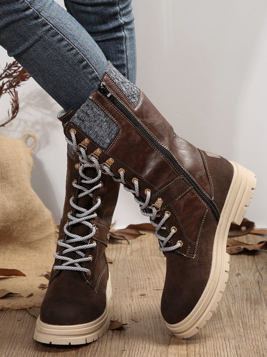 Shoes zolucky | Vintage Knitted Paneled Lace-Up Combat Boots With Side Zip