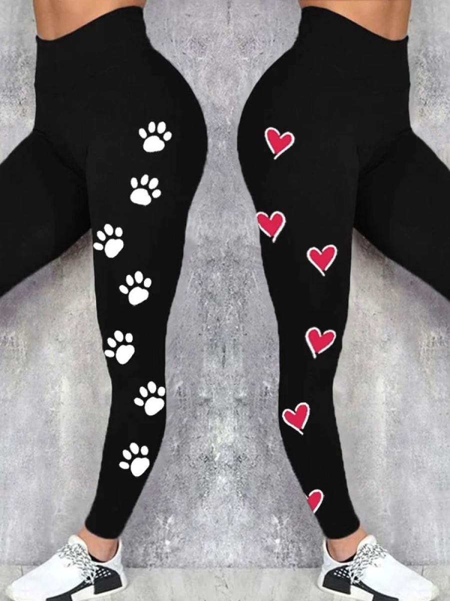 Bottoms zolucky | Funny Dog Heart Regular Fit Casual Leggings Black