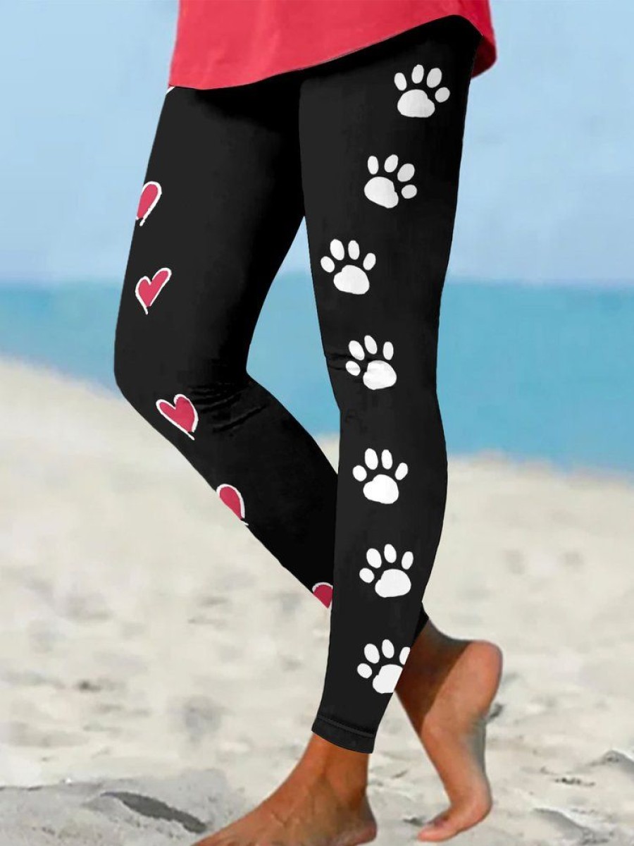 Bottoms zolucky | Funny Dog Heart Regular Fit Casual Leggings Black