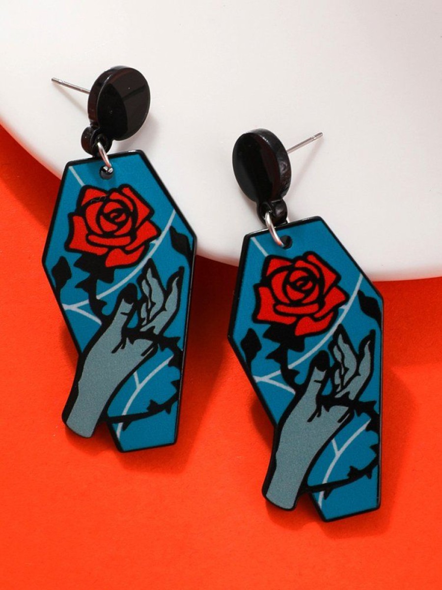 Accessories zolucky | Halloween Vintage Rose Skull Hand Print Acrylic Dangle Earrings