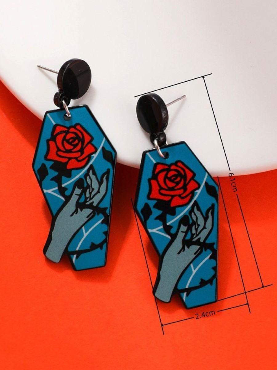 Accessories zolucky | Halloween Vintage Rose Skull Hand Print Acrylic Dangle Earrings