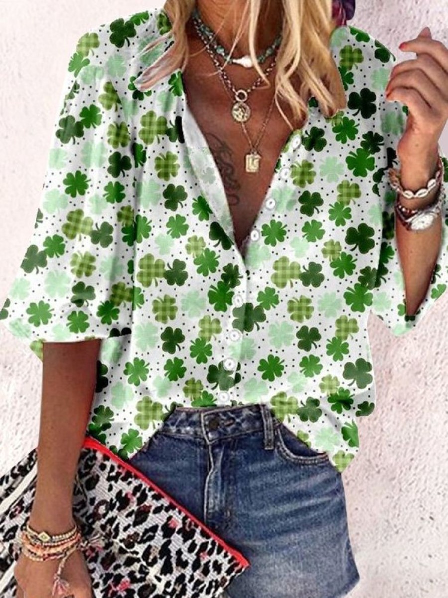 Topshot zolucky | Others Four-Leaf Clover Casual Loose Blouse White-Green