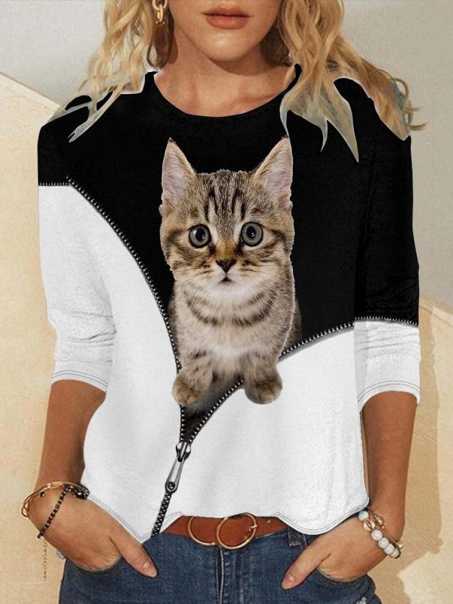 Topshot zolucky | Funny Cat Casual Crew Neck Animal Long Sleeve Shirt Black