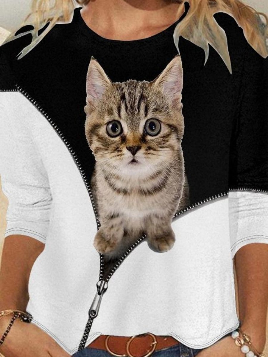 Topshot zolucky | Funny Cat Casual Crew Neck Animal Long Sleeve Shirt Black