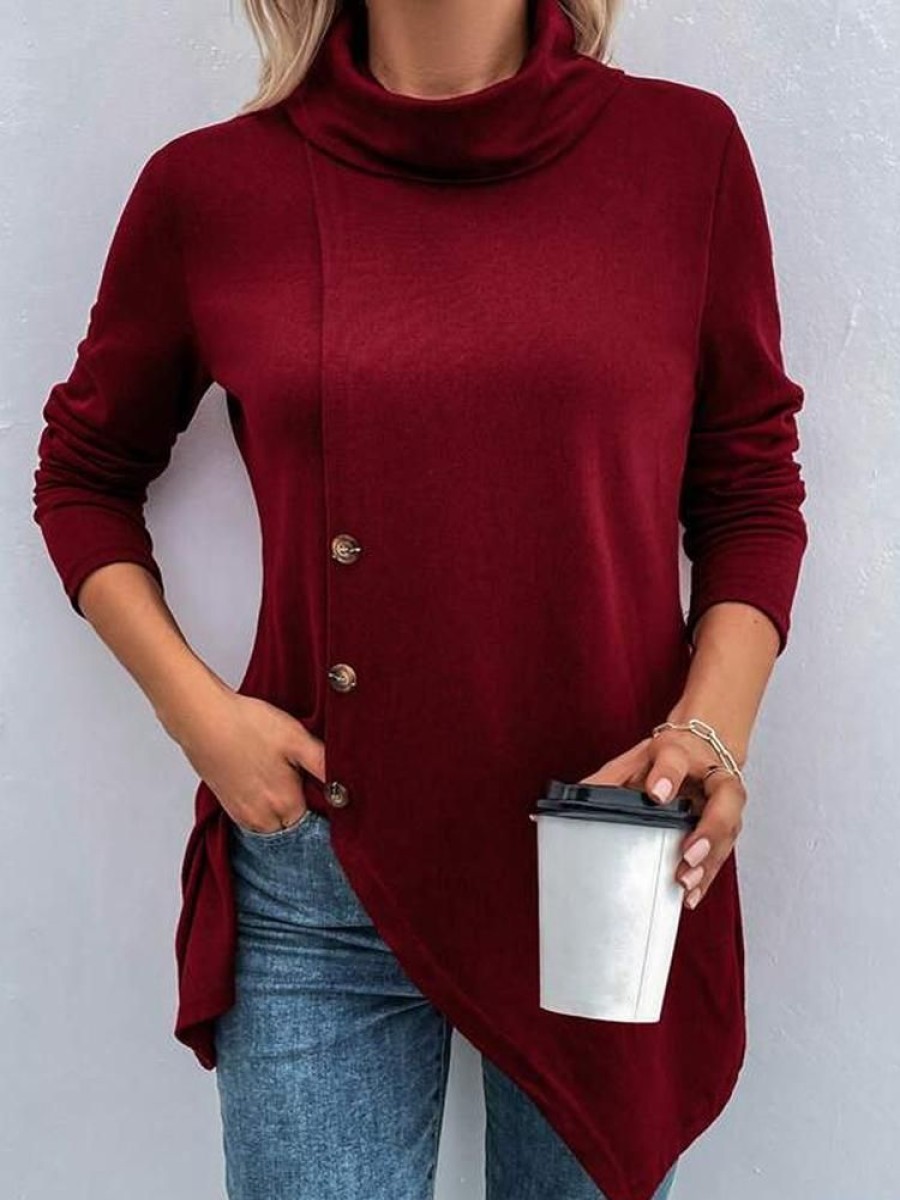 Plus&Curve zolucky | Plus Size Turtleneck Button Detail Asymmetrical Hem T-Shirt Red