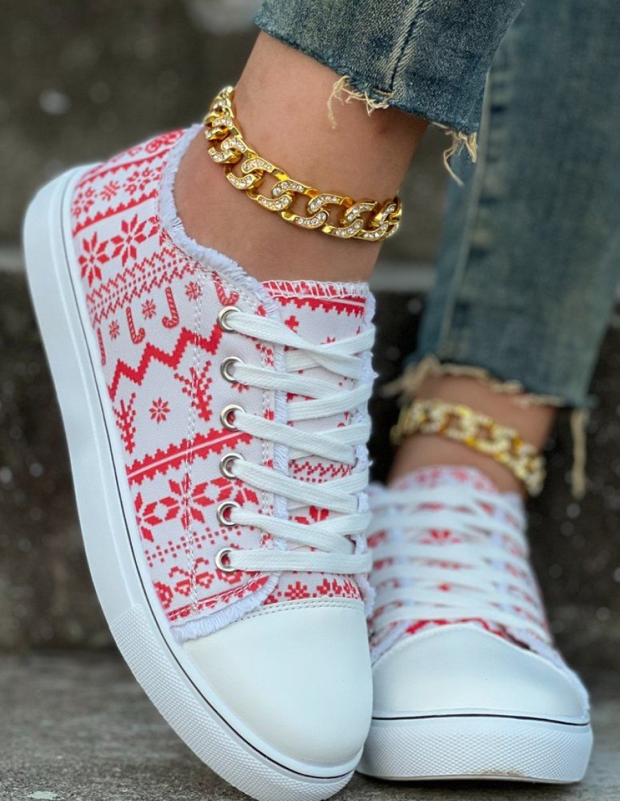 Shoes zolucky | Christmas Snowflake Casual Fringe Lace-Up Canvas Shoes As Picture