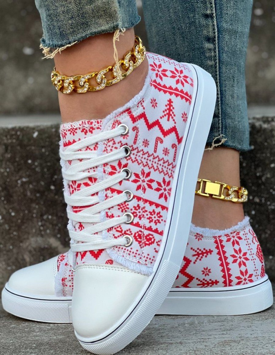 Shoes zolucky | Christmas Snowflake Casual Fringe Lace-Up Canvas Shoes As Picture