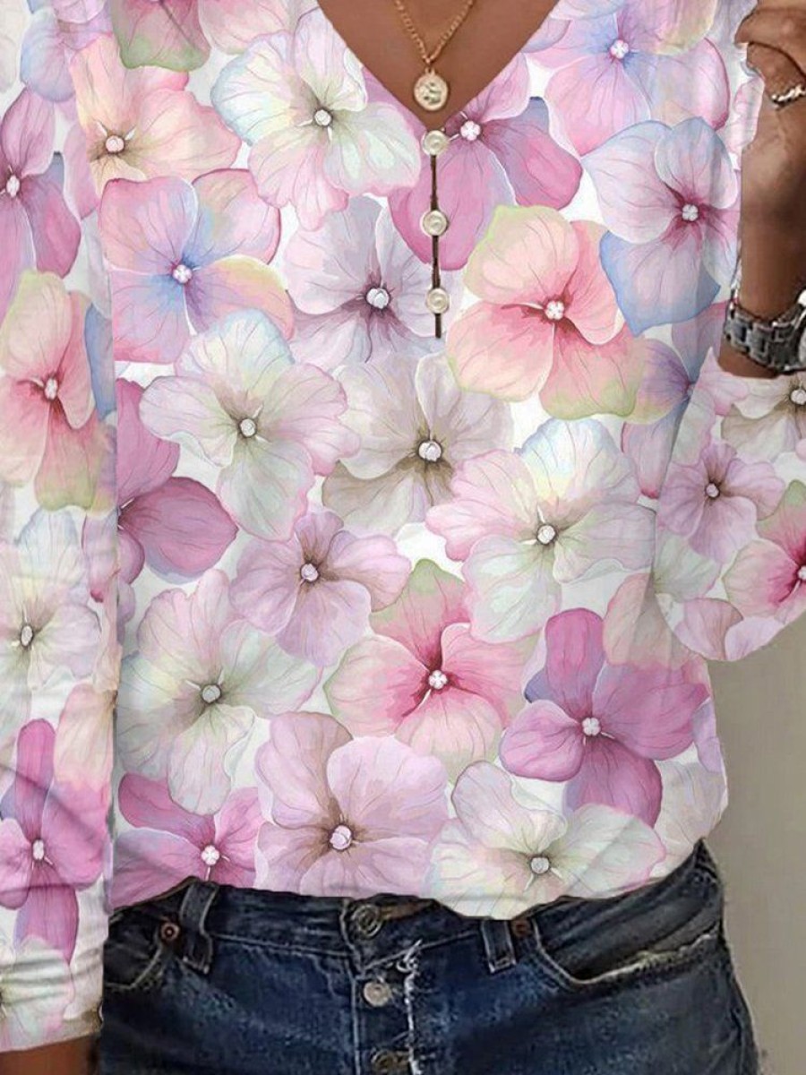 Topshot zolucky | Floral Casual Buckle Long Sleeve Loose T-Shirt Pink