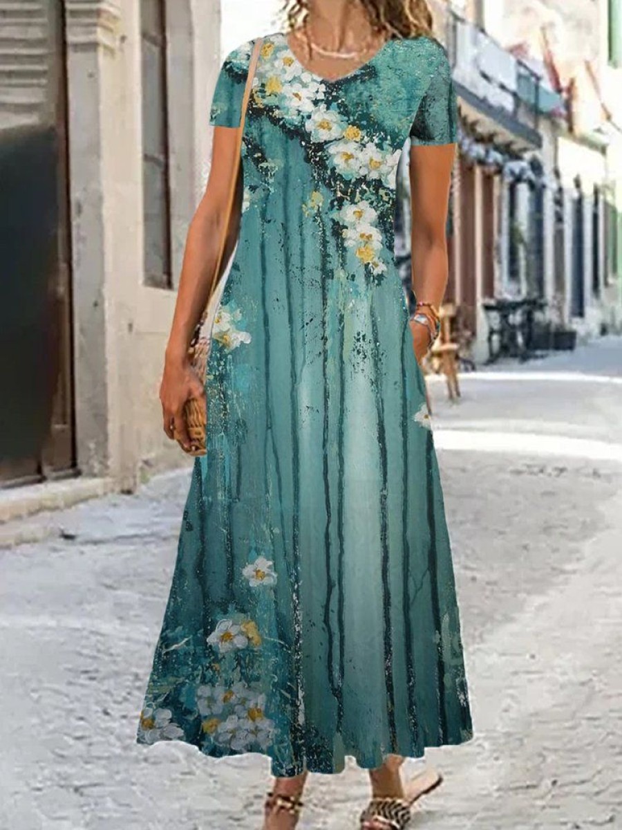 Dresses zolucky | Floral Loose Casual V Neck Dress Cyan