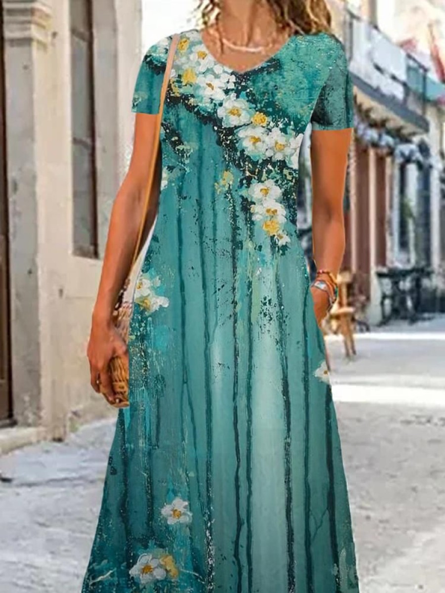 Dresses zolucky | Floral Loose Casual V Neck Dress Cyan