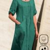 Dresses zolucky | Crew Neck Cotton And Linen Plain Casual Dress Green