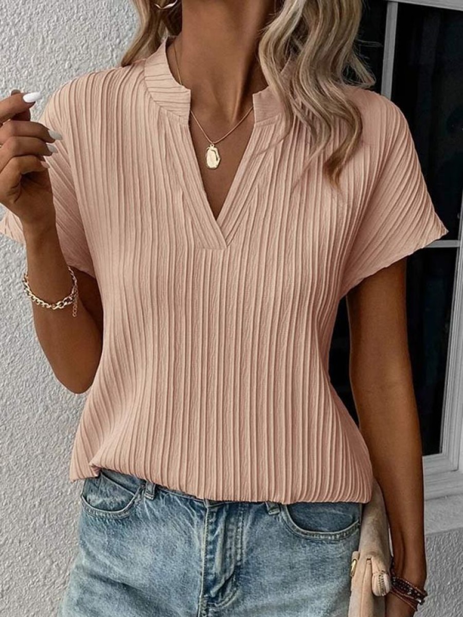 Plus&Curve zolucky | Plus Size Striped V Neck Casual Loose Short Sleeve T-Shirt Pink