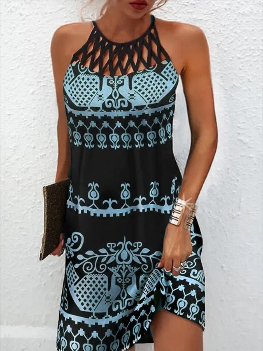 Dresses zolucky | Ethnic Printed Halter Sleeveless Dress