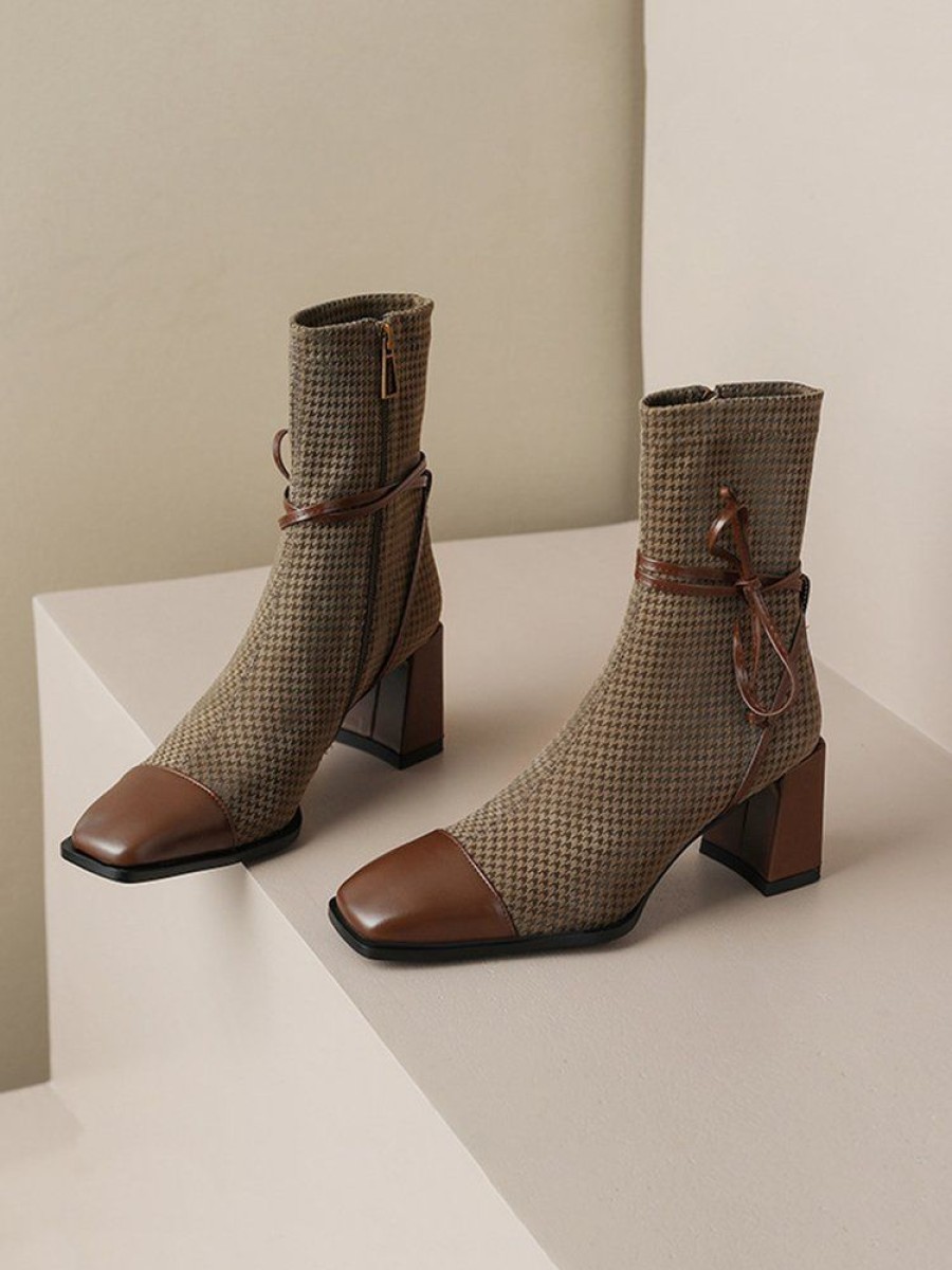 Shoes zolucky | Vintage Houndstooth Square Toe Block Heel Boots