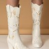 Shoes zolucky | Rivet Decor Plants Embroidery Chunky Heel Western Boots White