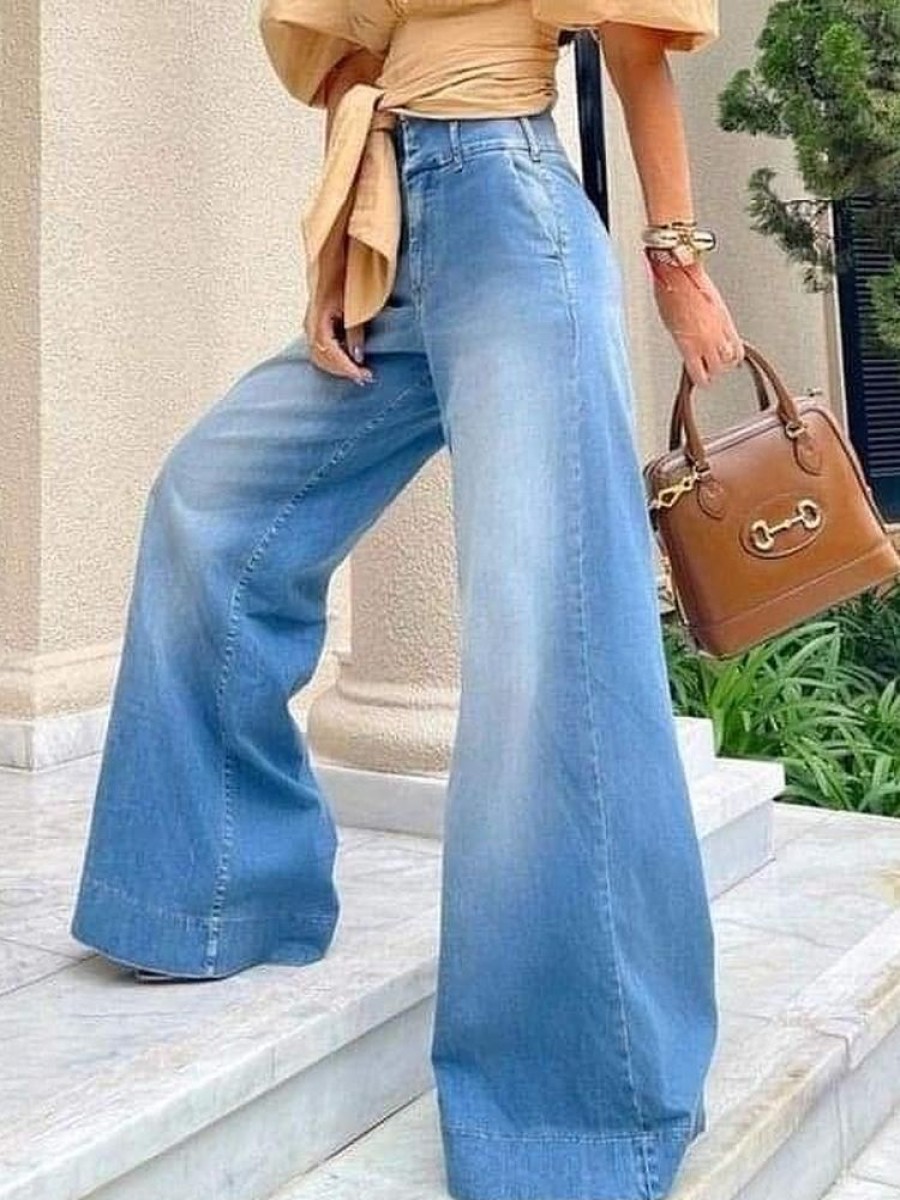 Bottoms zolucky | Loose High Waist Plain Urban Wide Leg Long Jeans Denim Blue