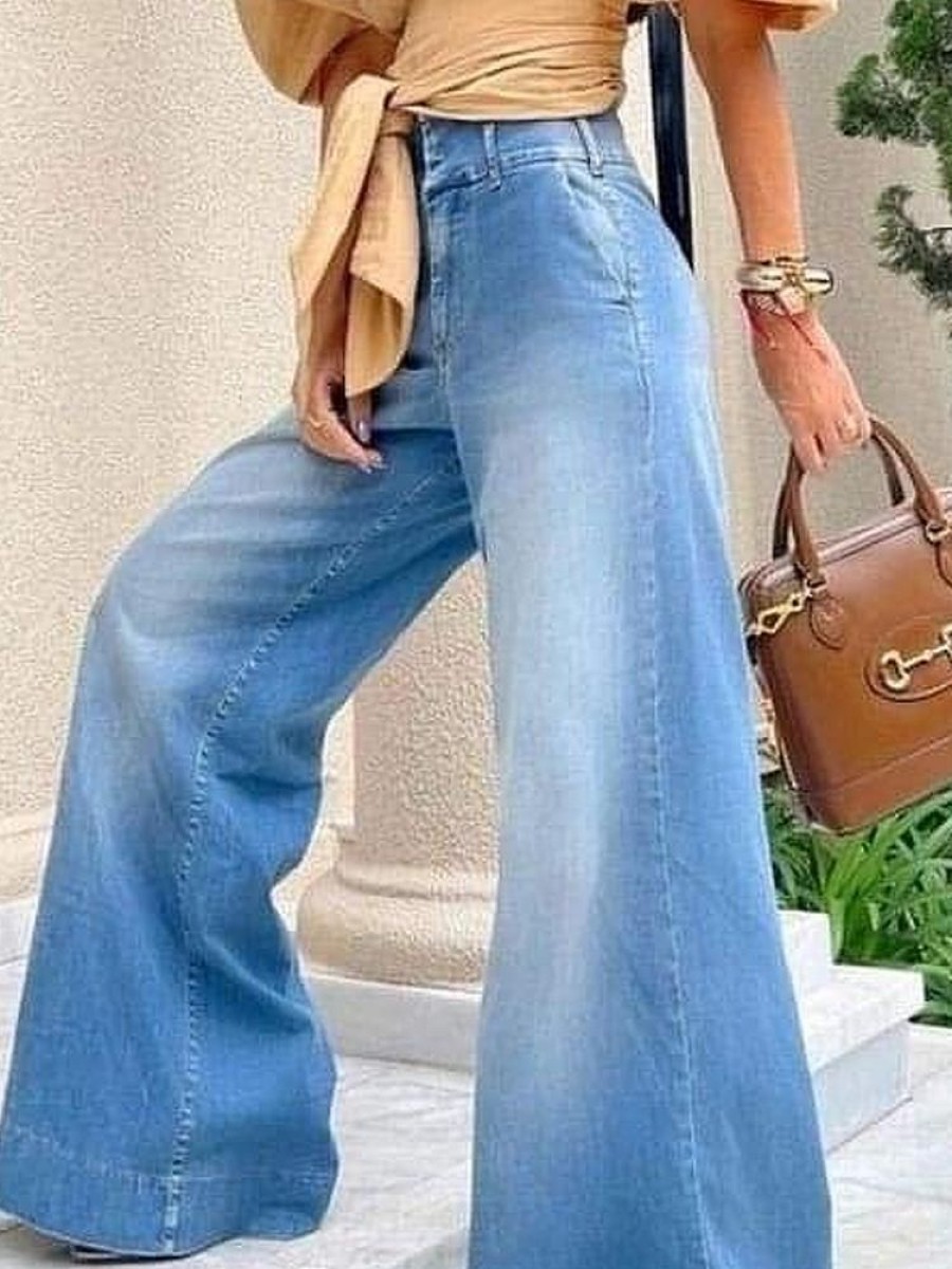 Bottoms zolucky | Loose High Waist Plain Urban Wide Leg Long Jeans Denim Blue