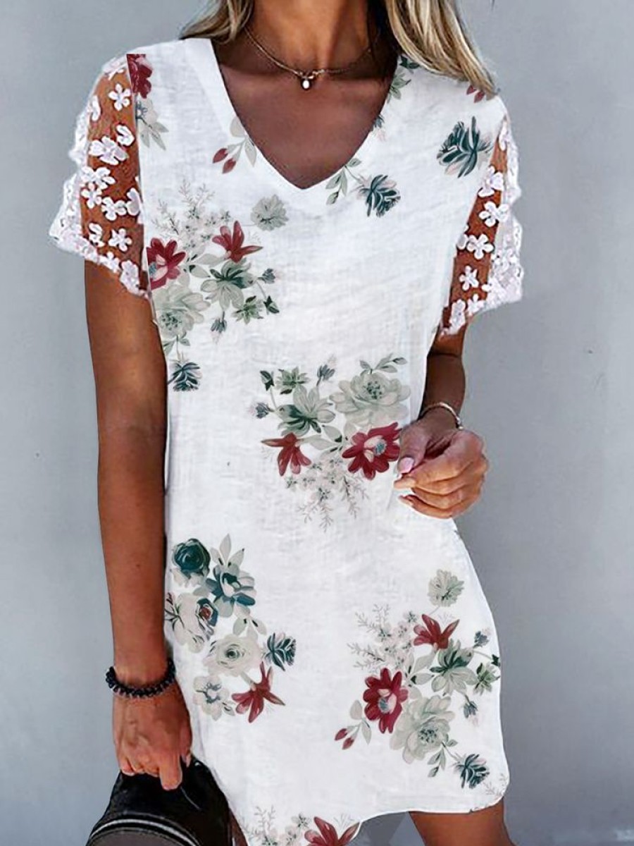 Dresses zolucky | Lace V Neck Casual Floral Dress White