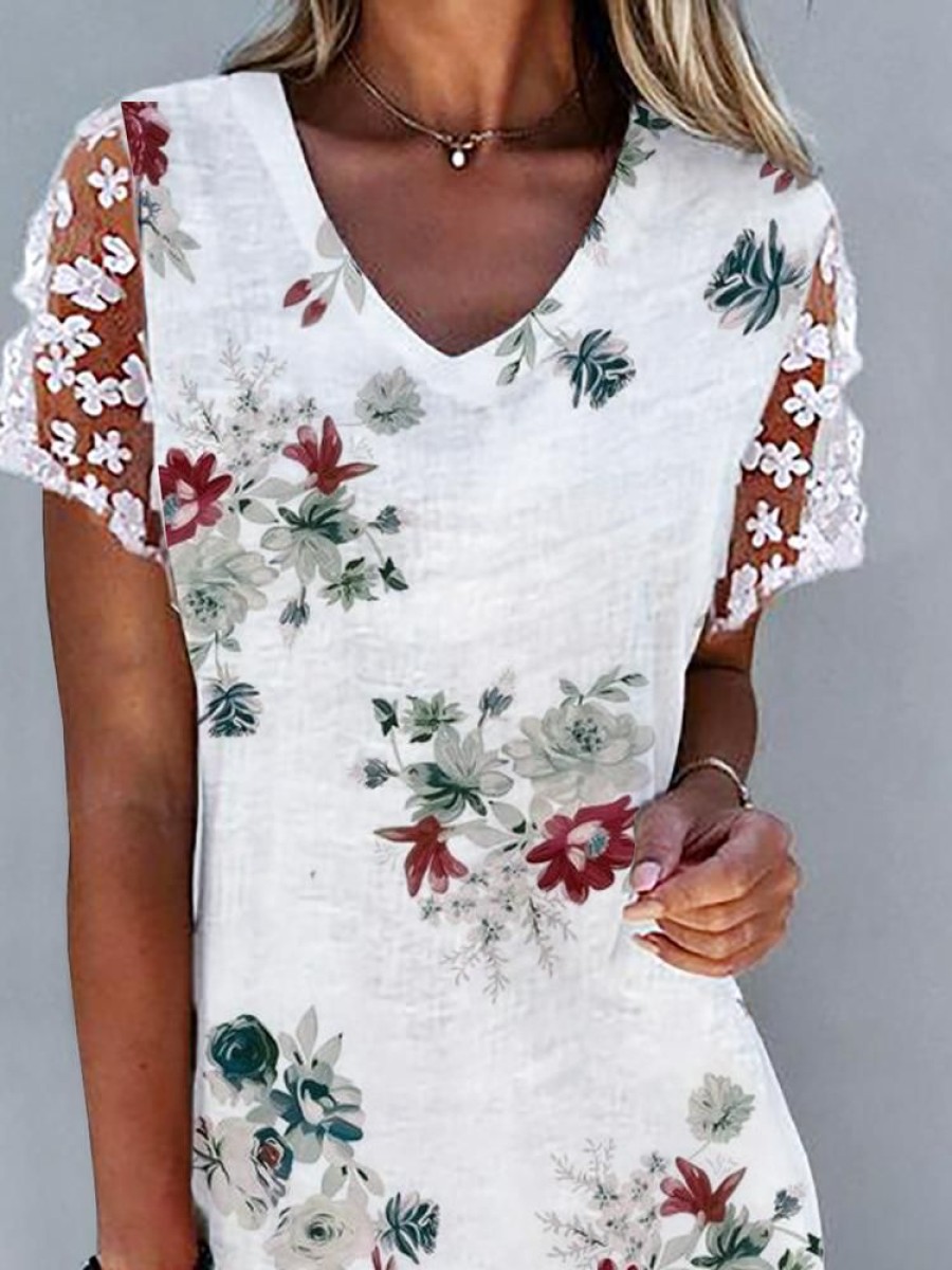 Dresses zolucky | Lace V Neck Casual Floral Dress White