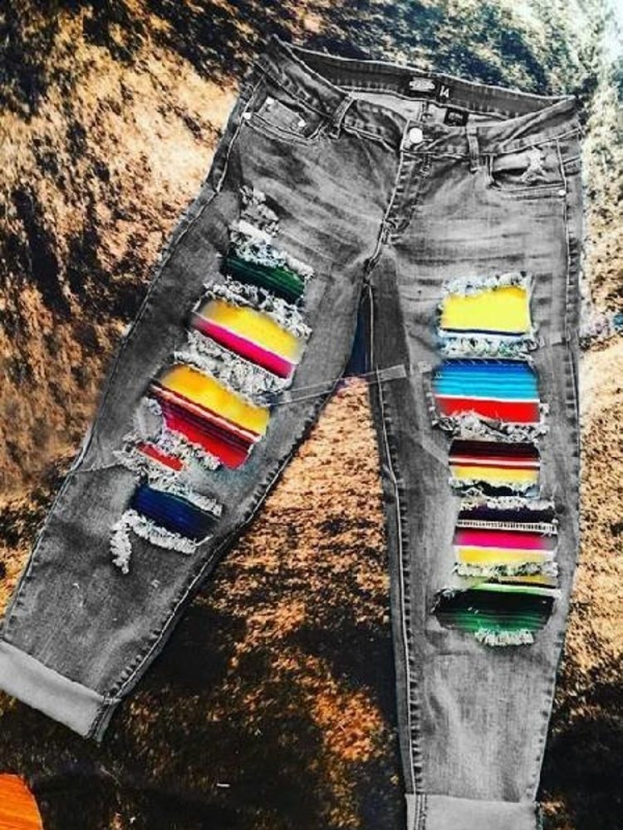 Bottoms zolucky | Boho Stripes Ripped Jeans