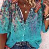 Topshot zolucky | Vintage Half Sleeve Floral Printed V Neck Casual Top Blue