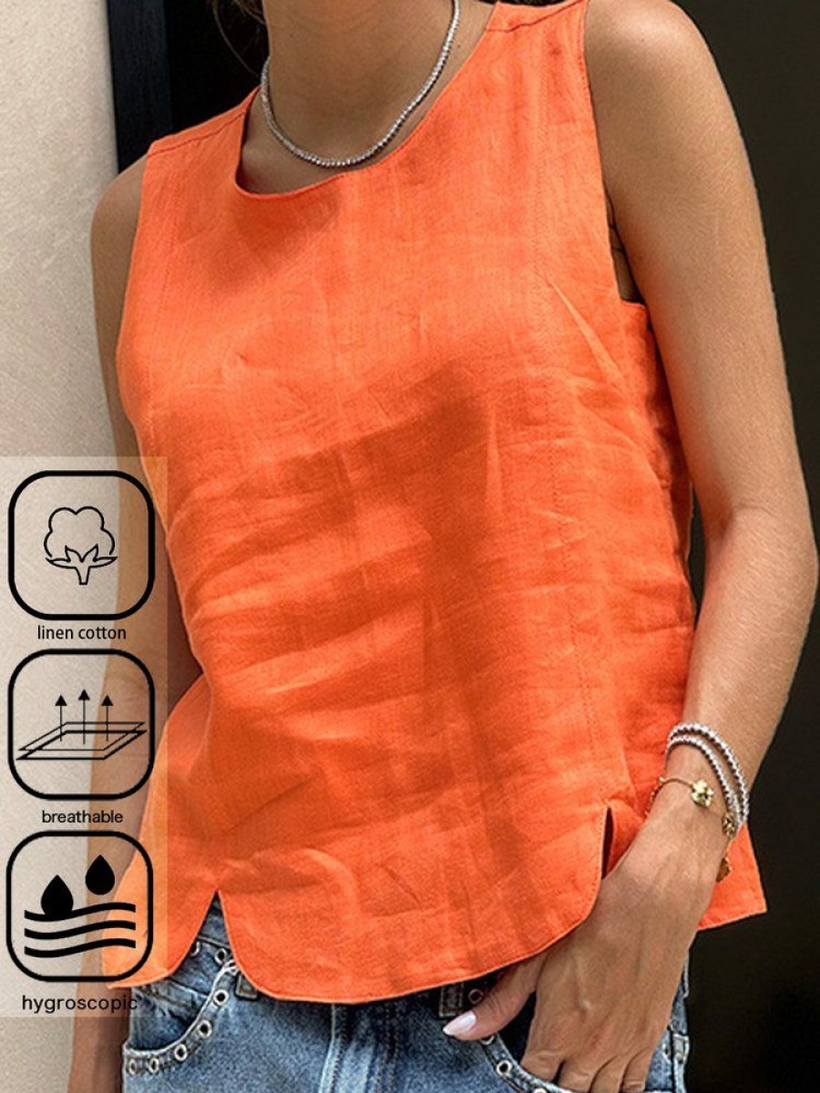 Topshot zolucky | Casual Loose Cotton And Linen Crew Neck Tank Top Orange