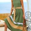 Dresses zolucky | Casual Cotton And Linen Contrast Stitching Dress With Belt Green