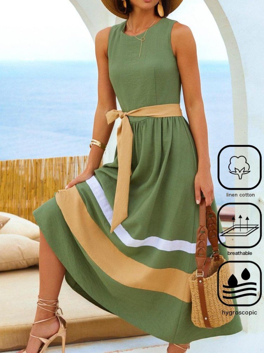 Dresses zolucky | Casual Cotton And Linen Contrast Stitching Dress With Belt Green