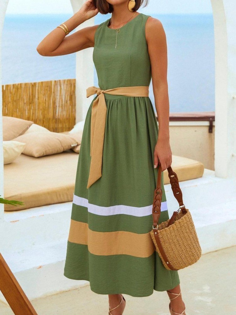 Dresses zolucky | Casual Cotton And Linen Contrast Stitching Dress With Belt Green