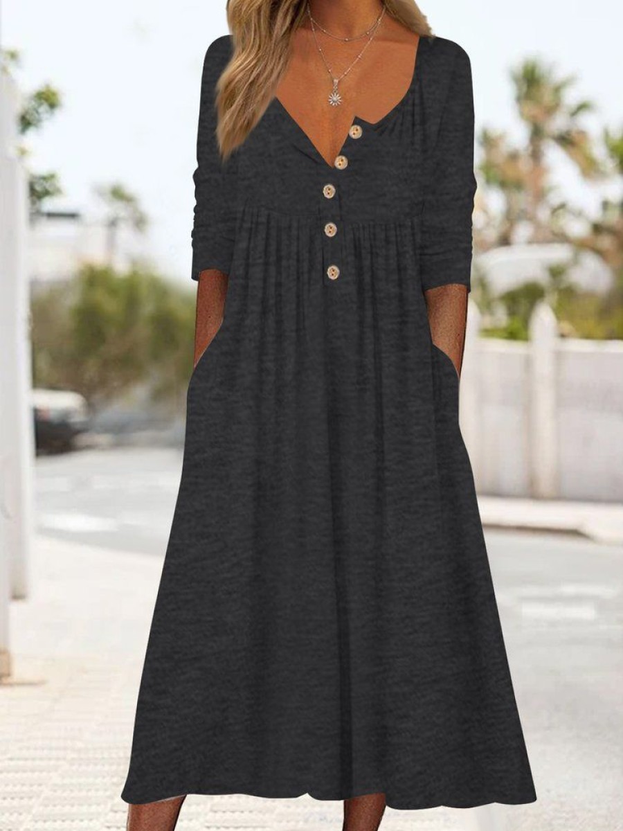 Dresses zolucky | Cotton Mixed Plain Button Simple Midi Dress