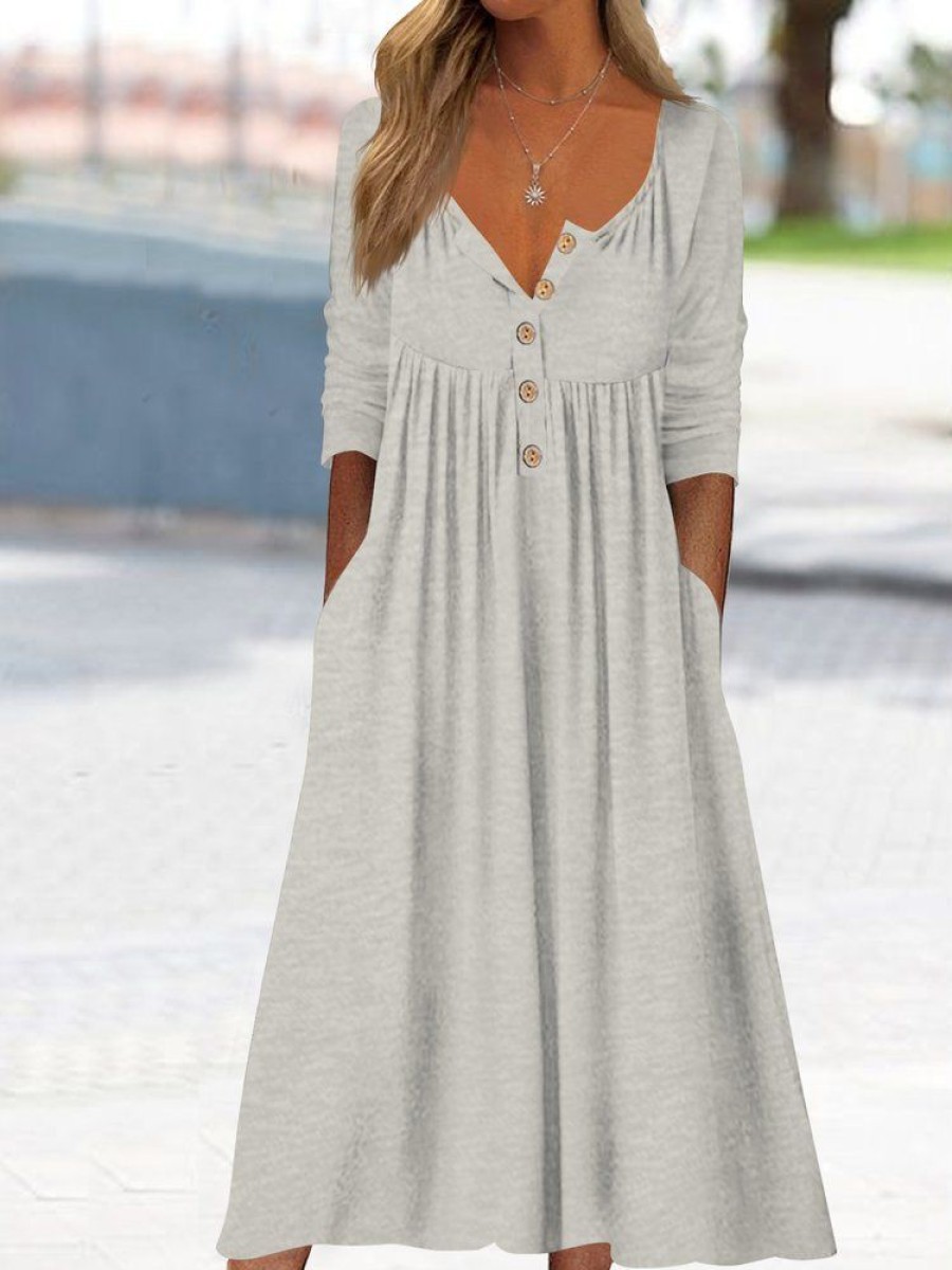 Dresses zolucky | Cotton Mixed Plain Button Simple Midi Dress