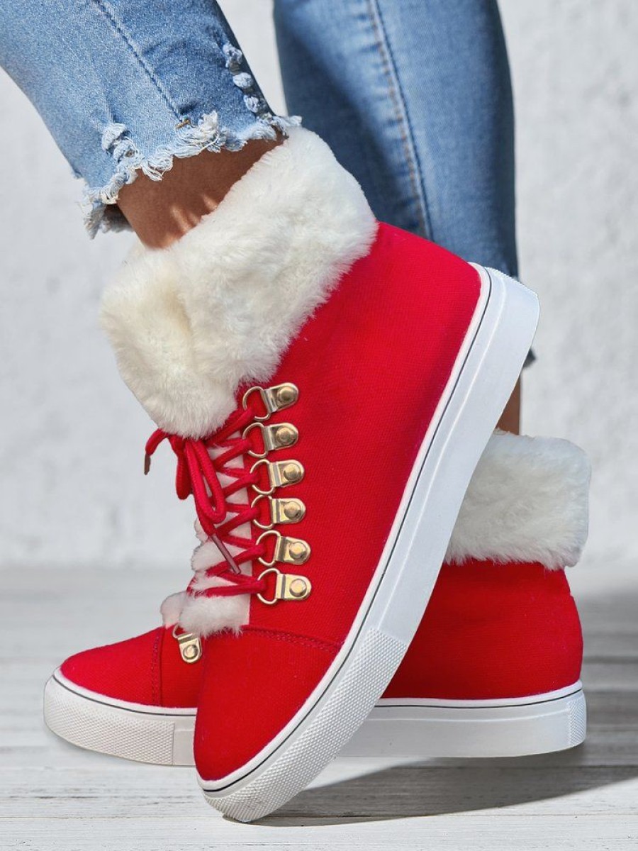 Shoes zolucky | Christmas Furry Canvas Lace-Up Ankle Boots Red