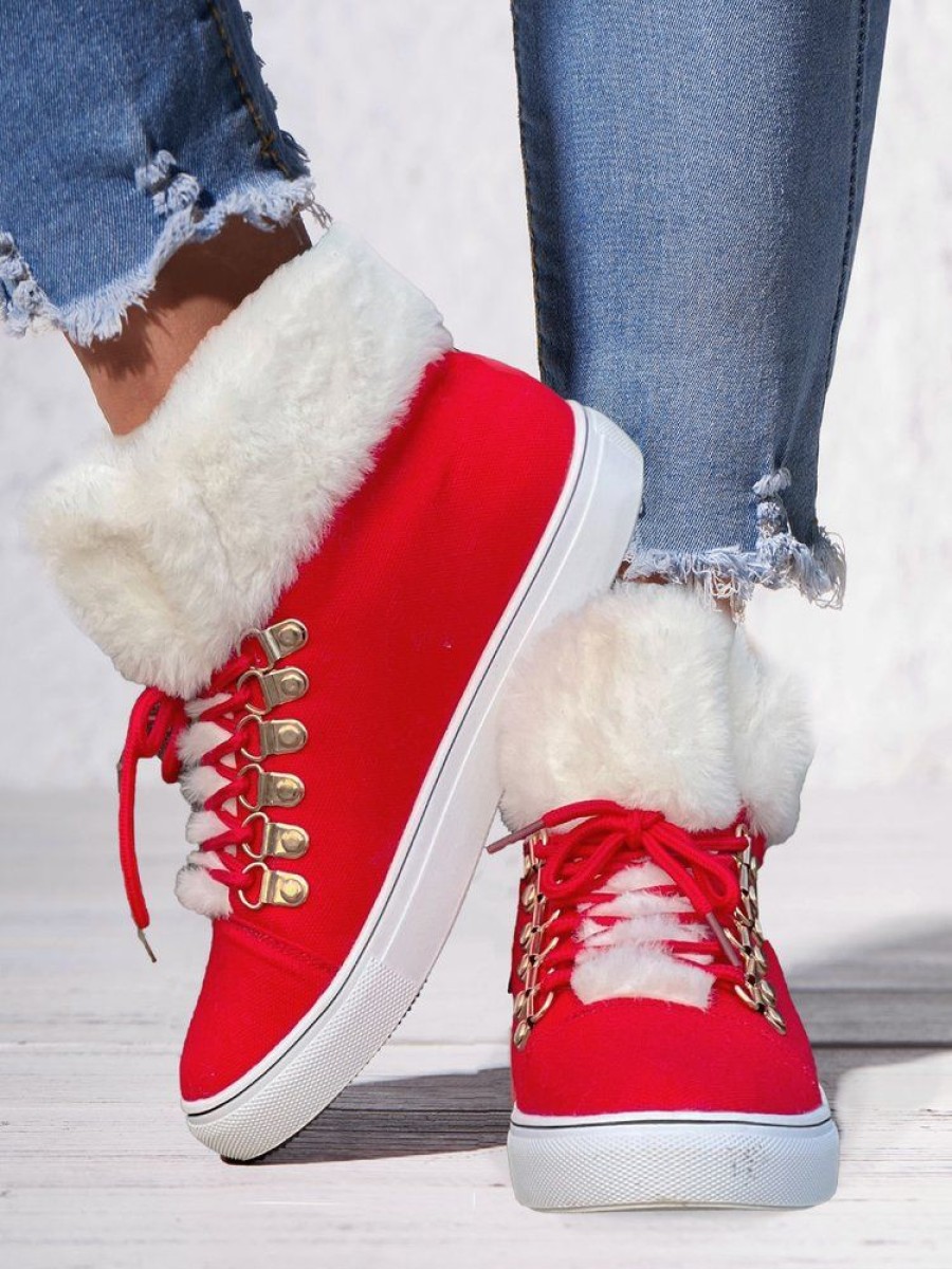 Shoes zolucky | Christmas Furry Canvas Lace-Up Ankle Boots Red