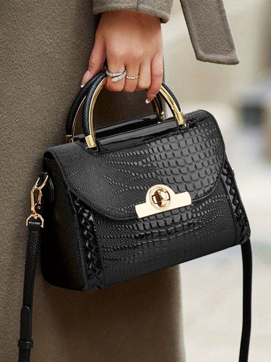 Accessories zolucky | Crocodile Embossed Square Handbag Twist Lock Shoulder Bag