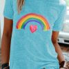 Topshot zolucky | Vintage Short Sleeve Rainbow Heart Printed Crew Neck Casual Tops