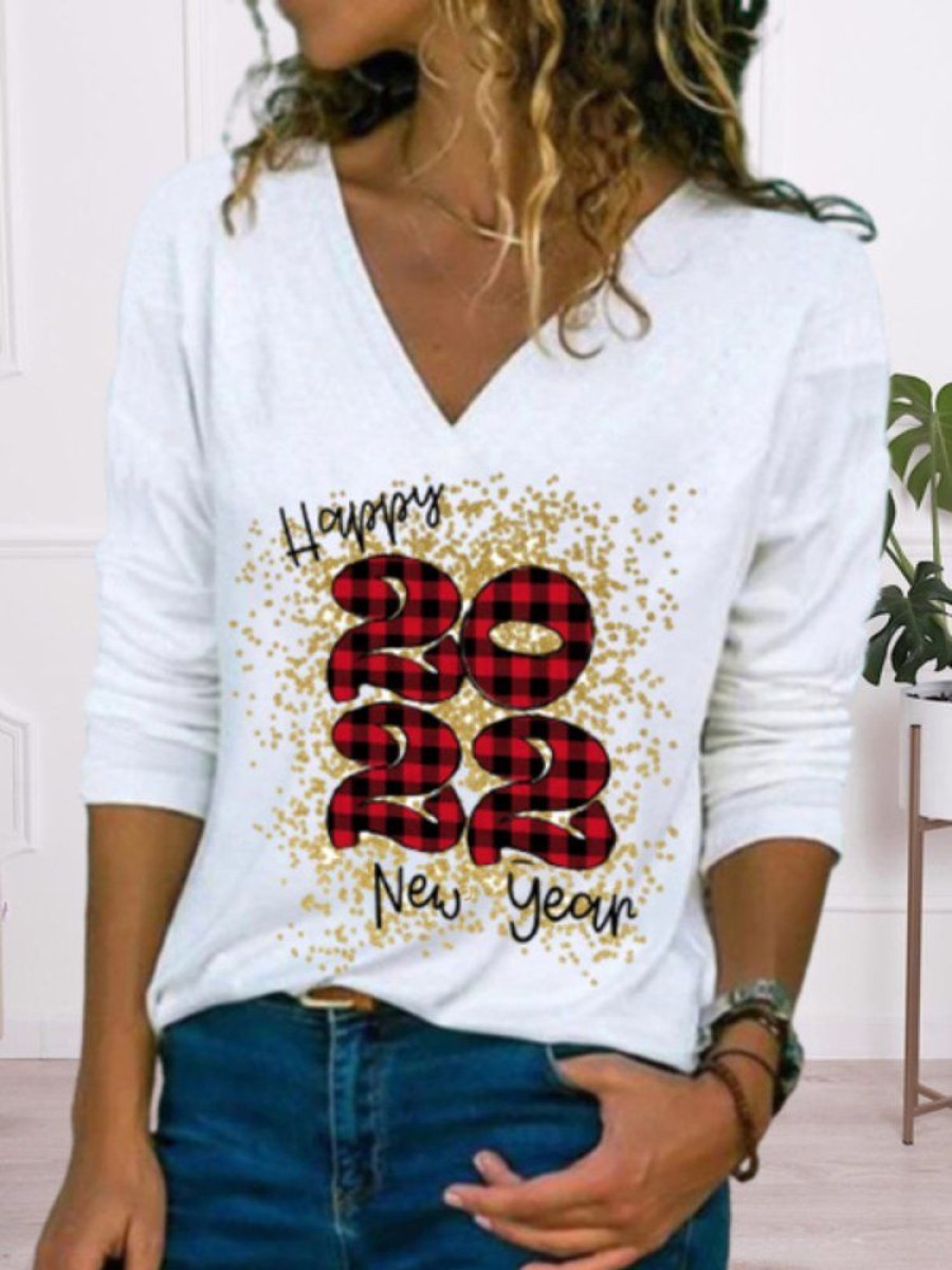 Topshot zolucky | 2022 Happy New Year Long Sleeve V Neck Printed Top T-Shirt White