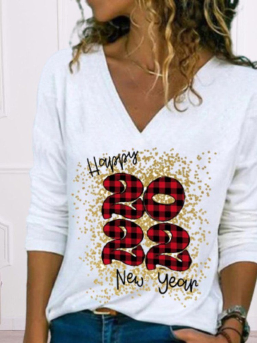 Topshot zolucky | 2022 Happy New Year Long Sleeve V Neck Printed Top T-Shirt White