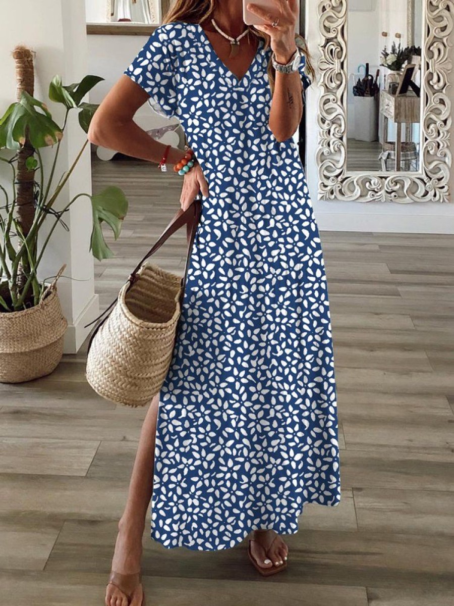 Dresses zolucky | Casual Floral Short Sleeve V Neck Printed Dress