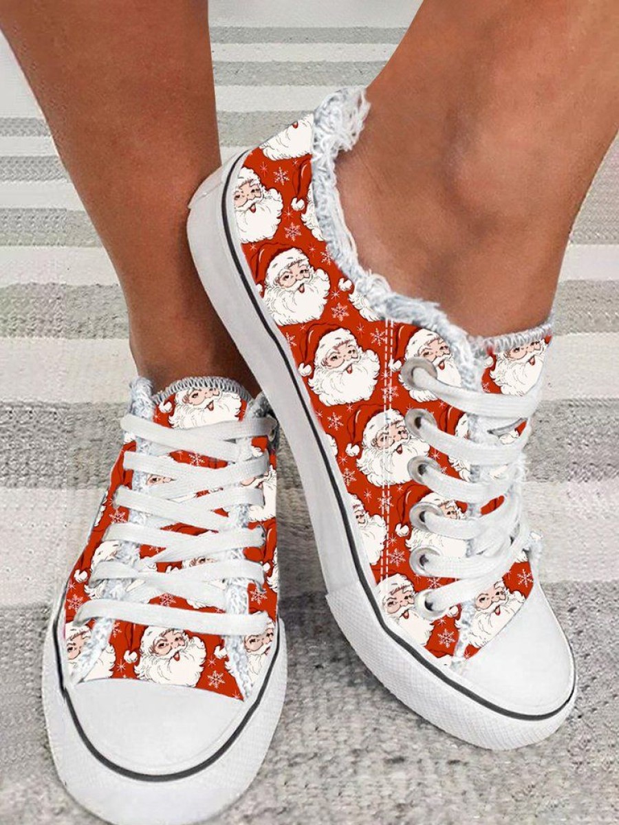 Shoes zolucky | Christmas Santa Claus Snowflake Lace-Up Canvas Shoes Xmas Shoes Red