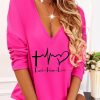 Topshot zolucky | Casual Long Sleeve V Neck Heart Printed Top Pink T-Shirt Rose Red